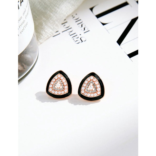 LRC Anting Tusuk Fashion Black Geometric Enamel Pearl Stud Earrings K01047