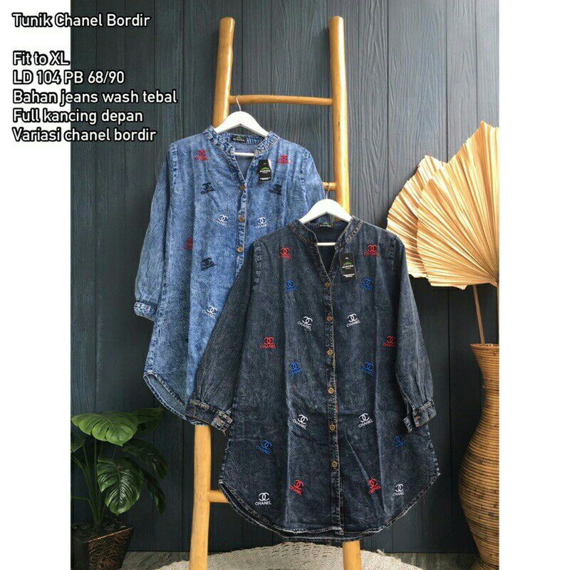 BAJU WANITA DEWASA MODEL TUNIK JEANS CHANEL BORDIR MURAH KWALITAS PREMIUM CANTIK DAN ELEGAN