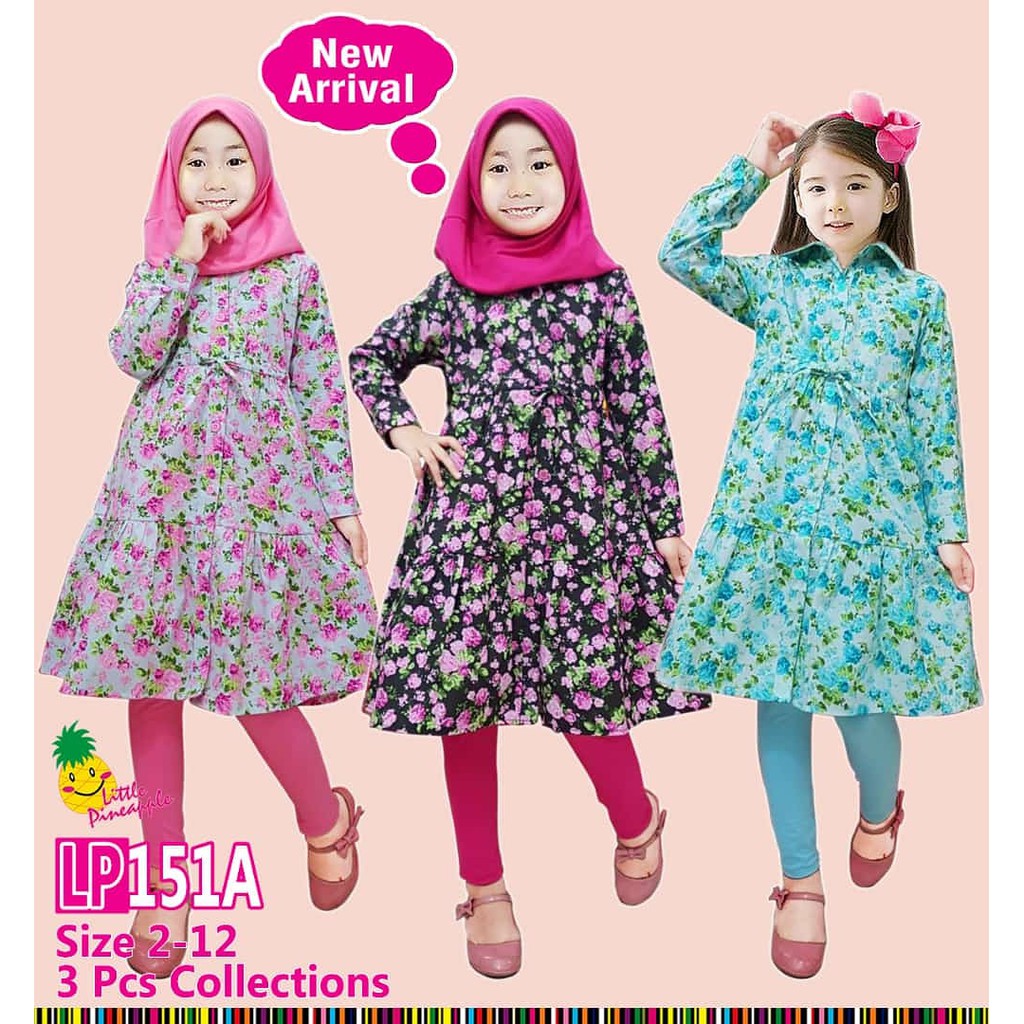 Setelan Celana Tunik Anak Perempuan 2 8 tahun Bahan Katun Little Pineapple Murah Motif Bunga