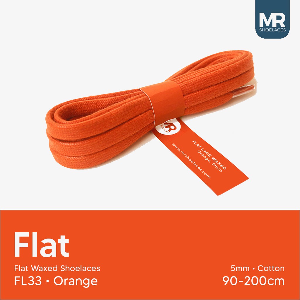 MR Shoelaces FL33 Orange (Jingga) Tali Sepatu Lilin 5mm Gepeng Flat Pipih (Waxed Laces) 90cm 100cm 120cm 150cm 180cm 200cm (Waxed Laces) - Premium Shoelace