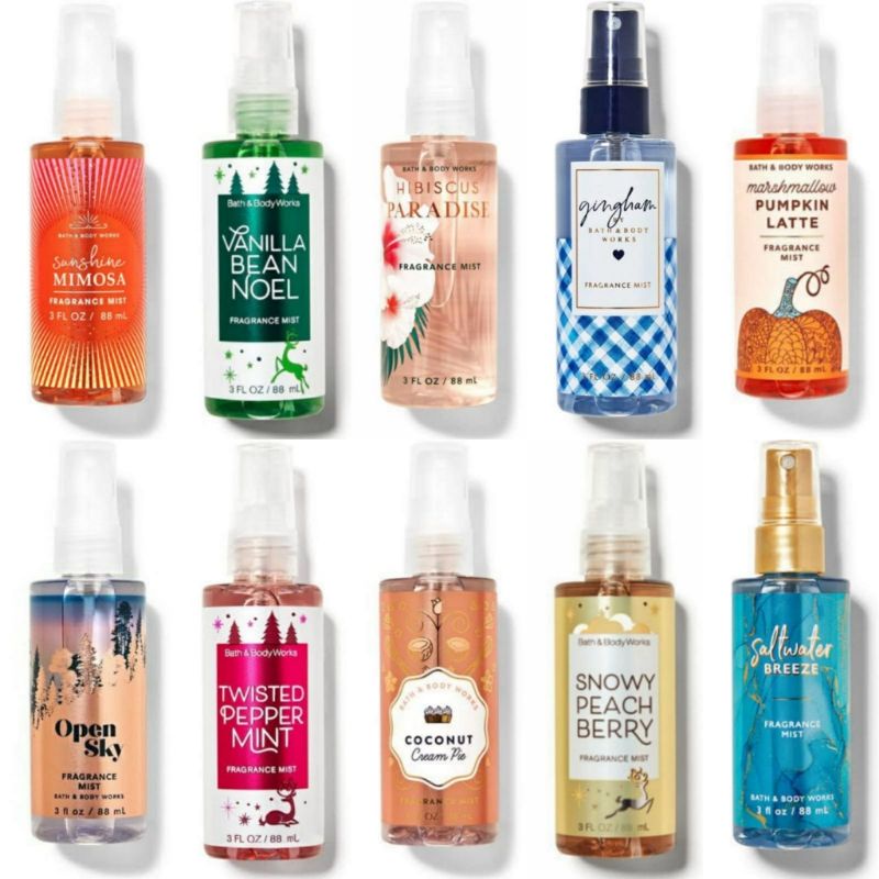 BATH &amp; BODY WORKS BBW WINTER CANDY APPLE WCA VANILLA BEAN NOEL VBN GINGHAM INTO THE NIGHT ITN DAHLIA DARK KISS JAPANESE CHERRY BLOSSOM A THOUSAND WISHES ATW FIJI BALI HIBISCUS PARADISE IN THE STARS ITS FRAGRANCE TRAVELSIZE MIST 75 &amp; 88 ML MIX