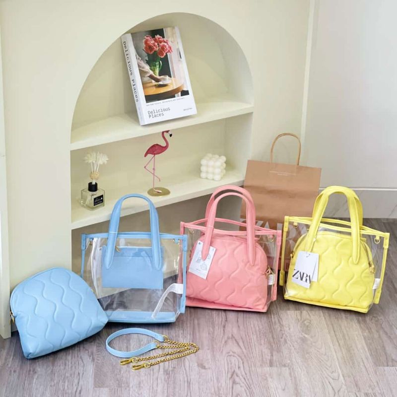 SALE Tas Zara transparant 2in1 selempang jinjing pink biru kuning