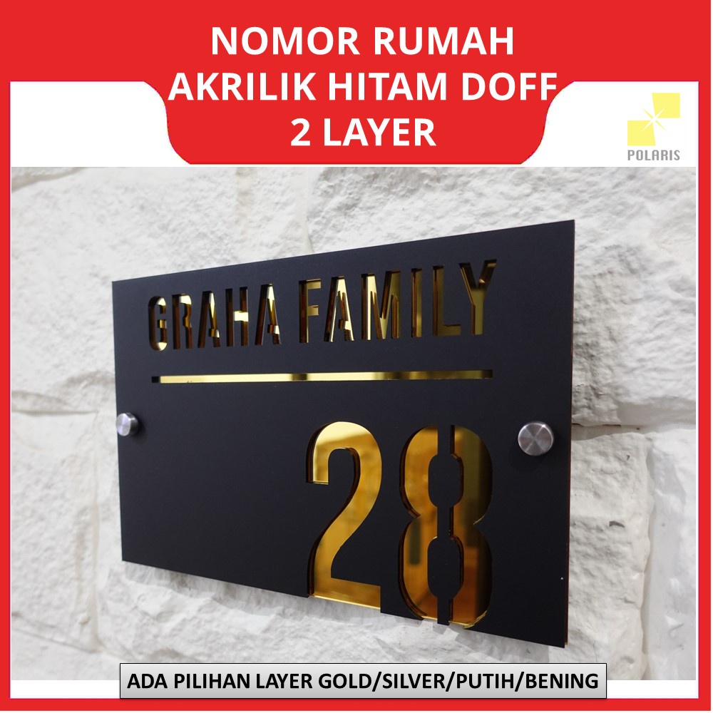 NOMOR RUMAH AKRILIK MODERN HITAM DOFF 2 LAYER - PAPAN NO RUMAH ACRYLIC CUSTOM TULISAN LUBANG DESIGN MINIMALIS - PAPAN ALAMAT NOMER RUMAH AKRILIK MIRROR GOLD/SILVER ELEGAN