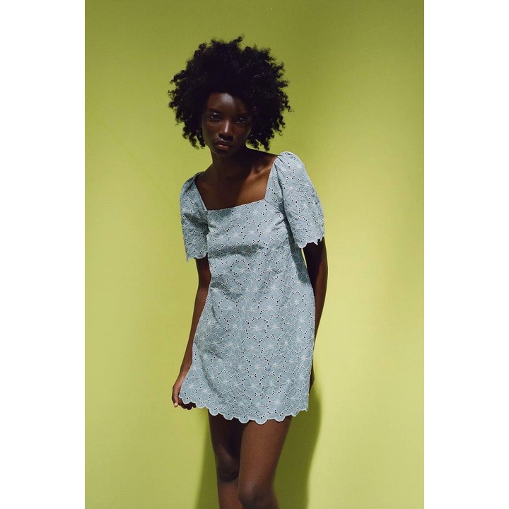 Dress casual import Blue Embroidery korea style biru bordir