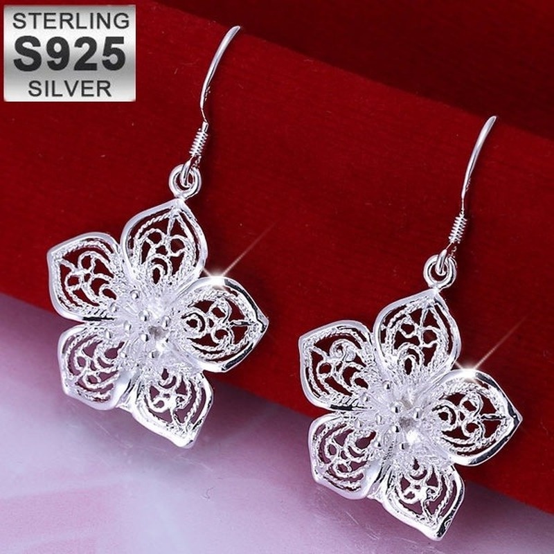 1 Pasang Anting Drop 925 Sterling Silver Bentuk Bunga Untuk Wanita