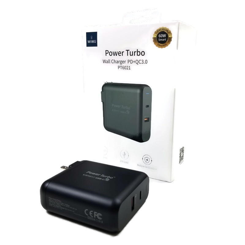 WIWU POWER TURBO PT6021 - Dual USB Wall Charger PD and QC3.0 - 60W MAX - Charger 60W Dual USB Output