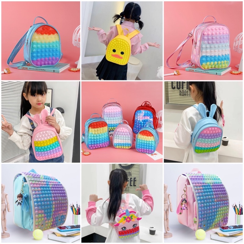 Pop It JUMBO Murah Rainbow Unicorn Mainan Tas Sekolah Tenteng Selempang Tas Ransel Tas Anak Tiktok Popit