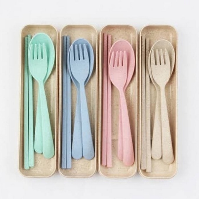 ONLYONE12 Set Sendok Travel Cutlery Box  / Set Alat Makan 3in1  / Sendok Garpu Sumpit Kotak Bahan Jerami