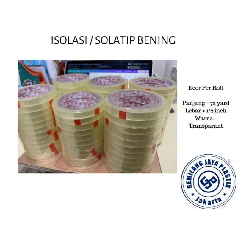 ISOLASI / SELOTIP BENING 1/2 INCH PANJANG 72 YARD PER ROLL TAHAN AIR