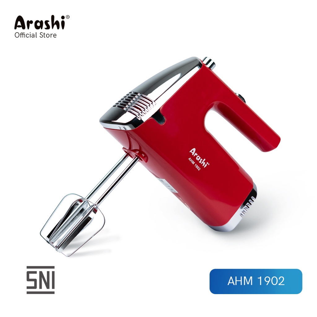 Arashi AHM 1902 Hand Mixer - Merah Silver, 5 Kecepatan, 190W, Stainless Steel