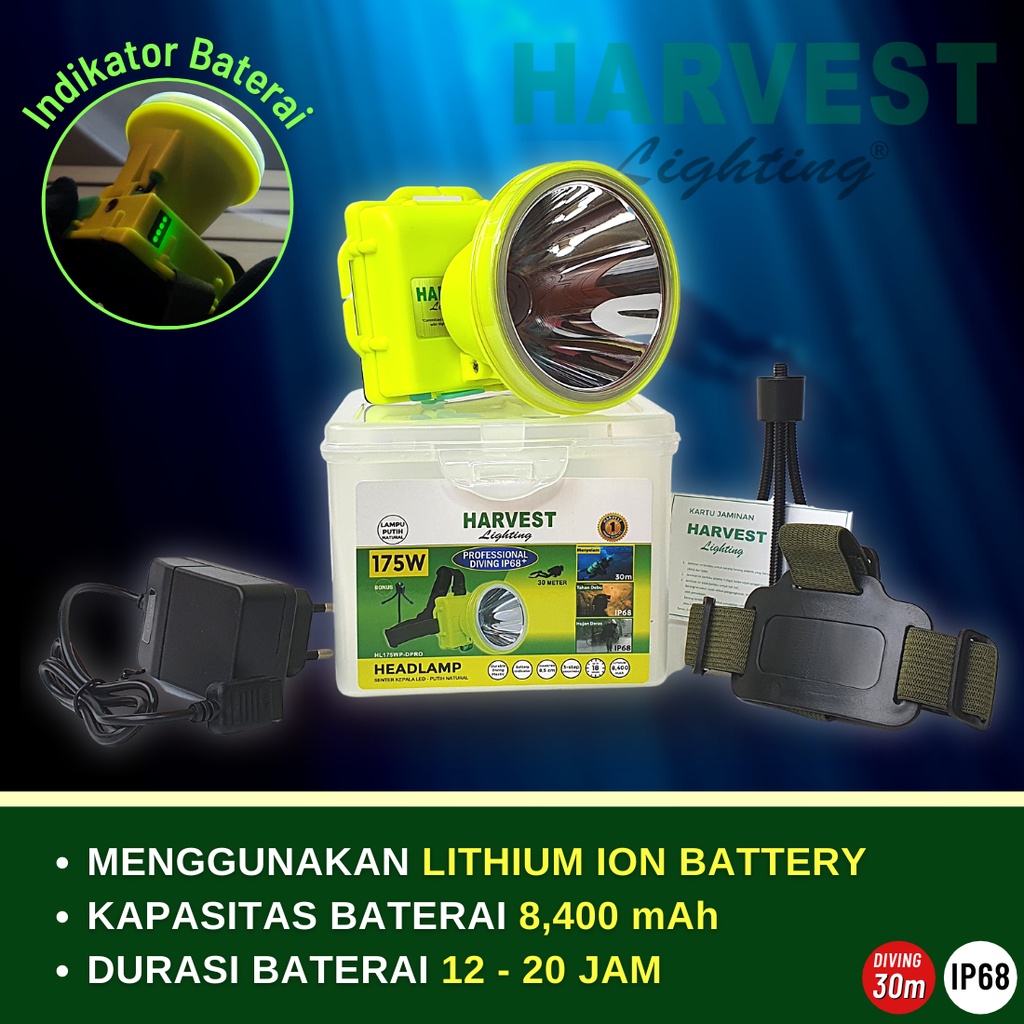 175W - Headlamp Diving PAKET ISI 3 - HARVEST LIGHTING Senter Kepala Selam LED Professional Diving IP68 8400 MAH Lampu Emergency Selam Spearfishing Travel Hunting Rechargeable  Original Bergaransi