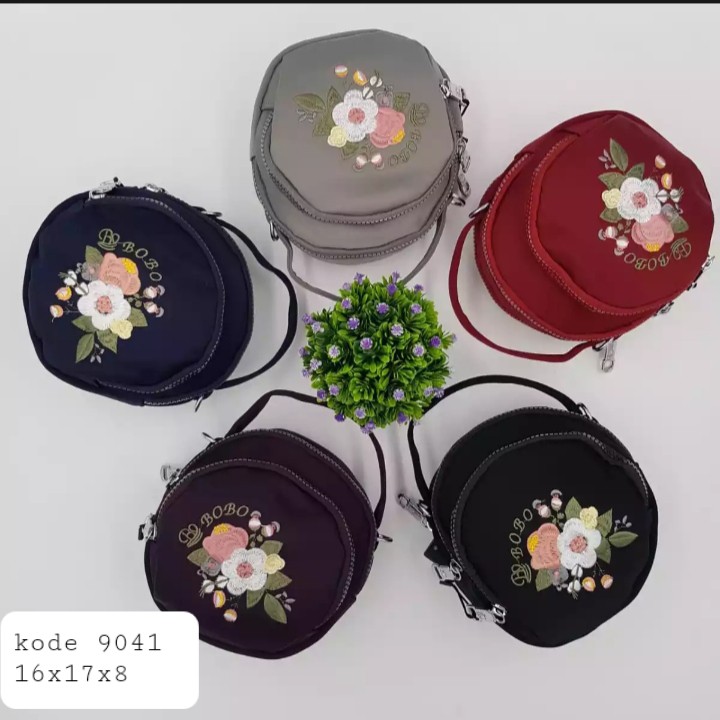 Tas Import BOBO 9041 Bordir Slempang Jinjing Bahan Parasut Mewah Bordir Bunga/ tas wanita Bobo impor