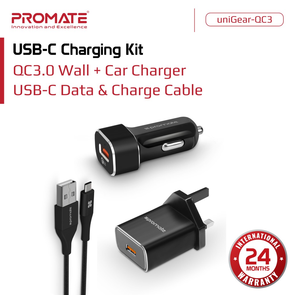 Promate Car Home Type C Charger - uniGear-QC3 Mobil Tipe USB QC 3.0