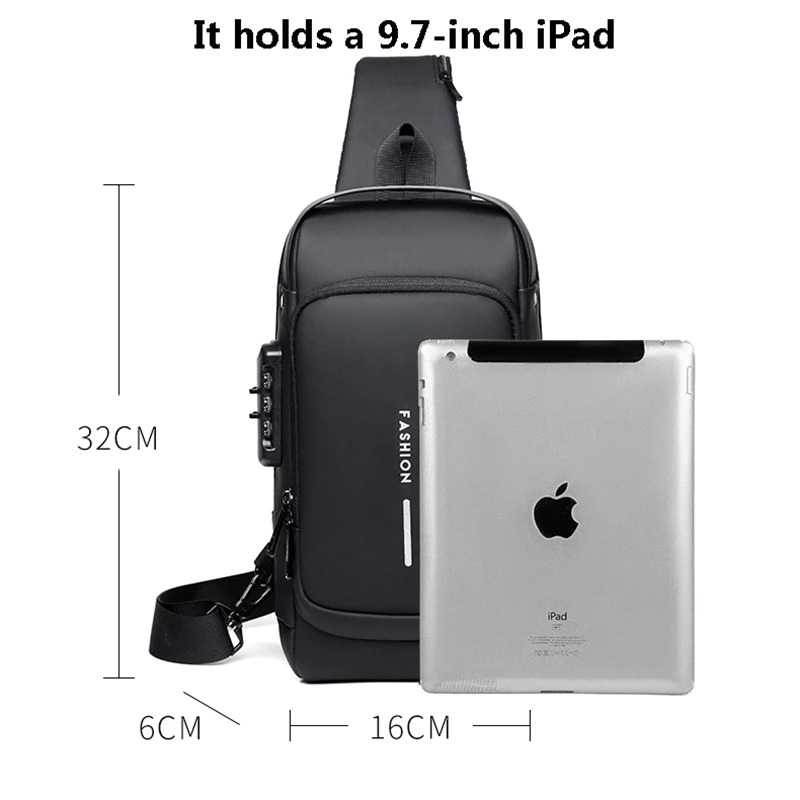 Tas Selempang Pria Wanita ideal untuk bikers pengendara motor dengan USB Charger dan gembok anti maling Slot Tas Pinggang Pria Tas Macho Fashion Sling Bag Pria Men's Multifunction Anti-theft USB Shoulder Bag Man Crossbody Cross body Travel Sling Chest Bag