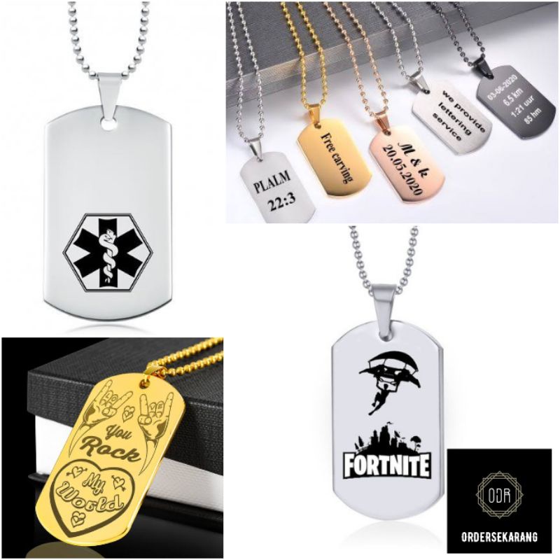 KALUNG DOG TAG MILITARY MILITER ARMY TENTARA TNI POLISI DENJAKA KOPASSUS CUSTOM GRAFIR LASER TULISAN NAMA MERK LOGO BRAND PERUSAHAAN KOMUNITAS HADIAH SOUVENIR GIFT