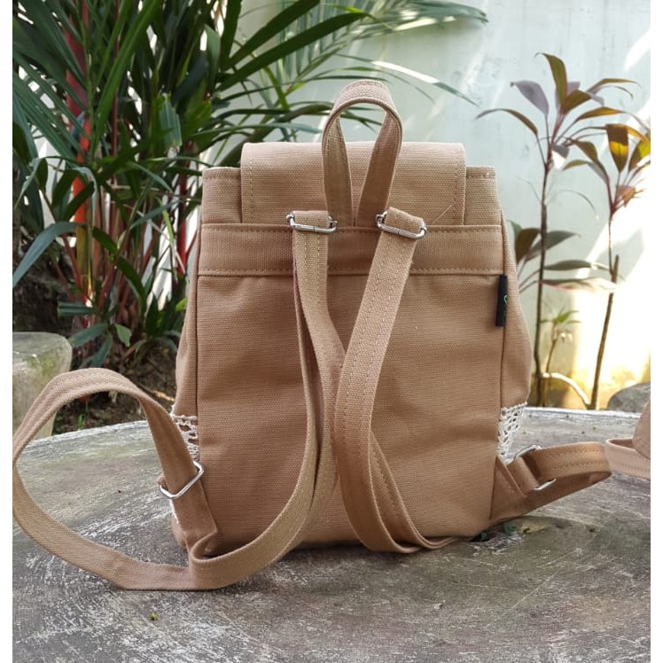 Tas Ransel Backpack Mini Vintage Kanvas Khaki Heejou Wanita Lucu Cantik Korea Murah