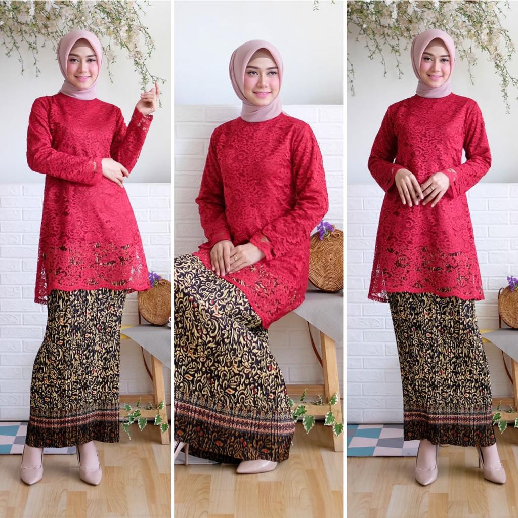 Tunik Alfiana Kebaya Brukat Corneli Tulang Glitter Brokat Timbul Set Kebaya Batik Wisuda Kondangan