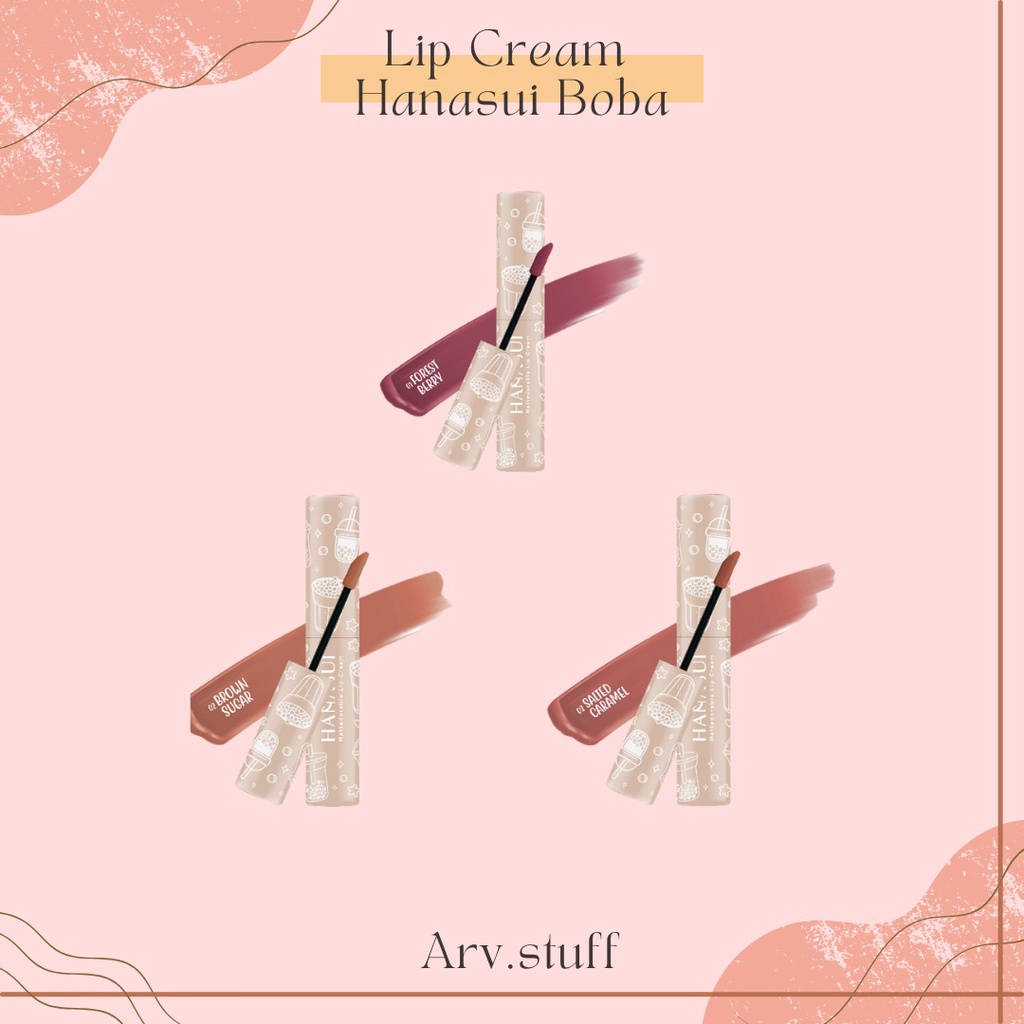 HANASUI MATTEDORABLE LIP CREAM BOBA EDITION / Lip Cream awet dan tahan lama dengan aroma yang menenangkan sepanjang hari memiliki varian warna yang beragam seperti forest berry, brown sugar,salted caramel, pink lava, creamy peach, dan hezelnut latte