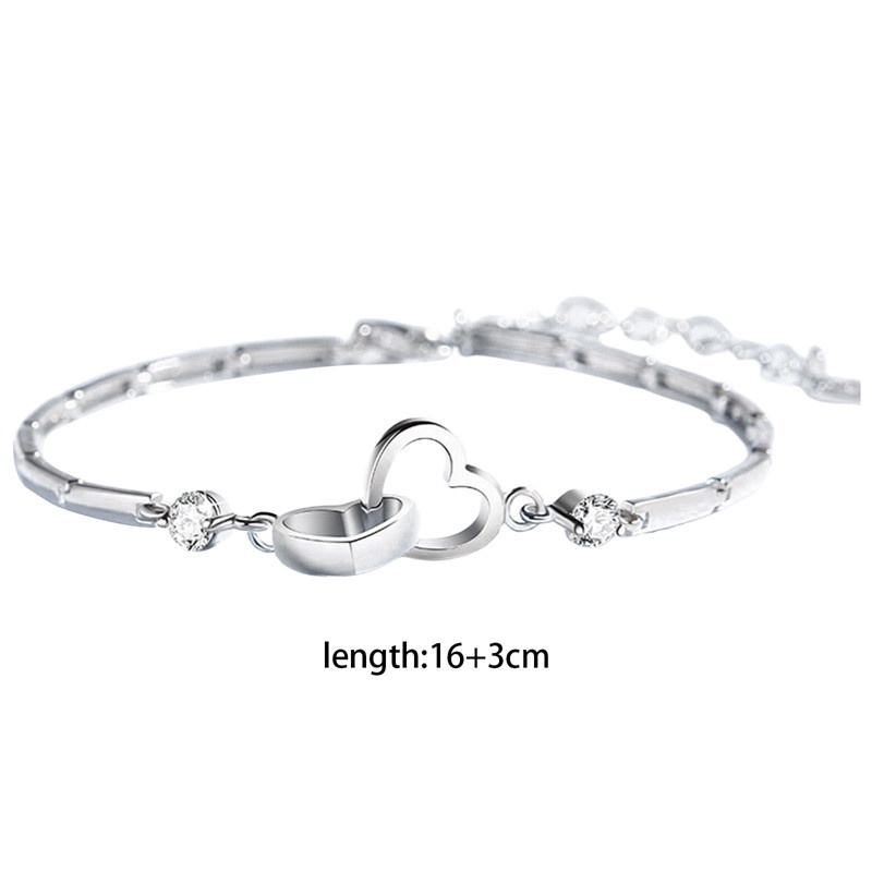 Gelang Desain Hati Ganda Aksen Berlian Warna Rose Gold Silver Gaya Korea