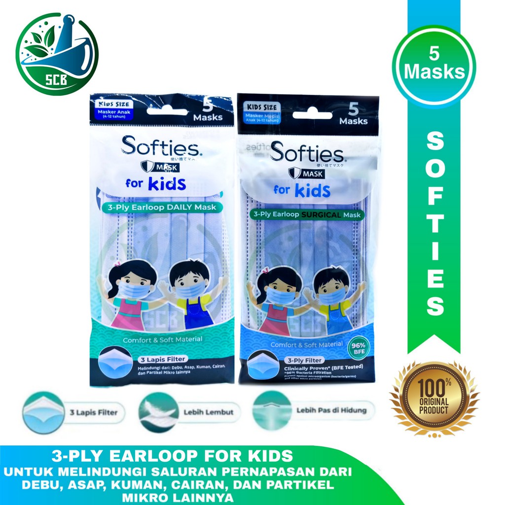 Masker anak Softies For Kids 3 Ply Earloop Daily / Surgical Masks - Isi 5 Masks