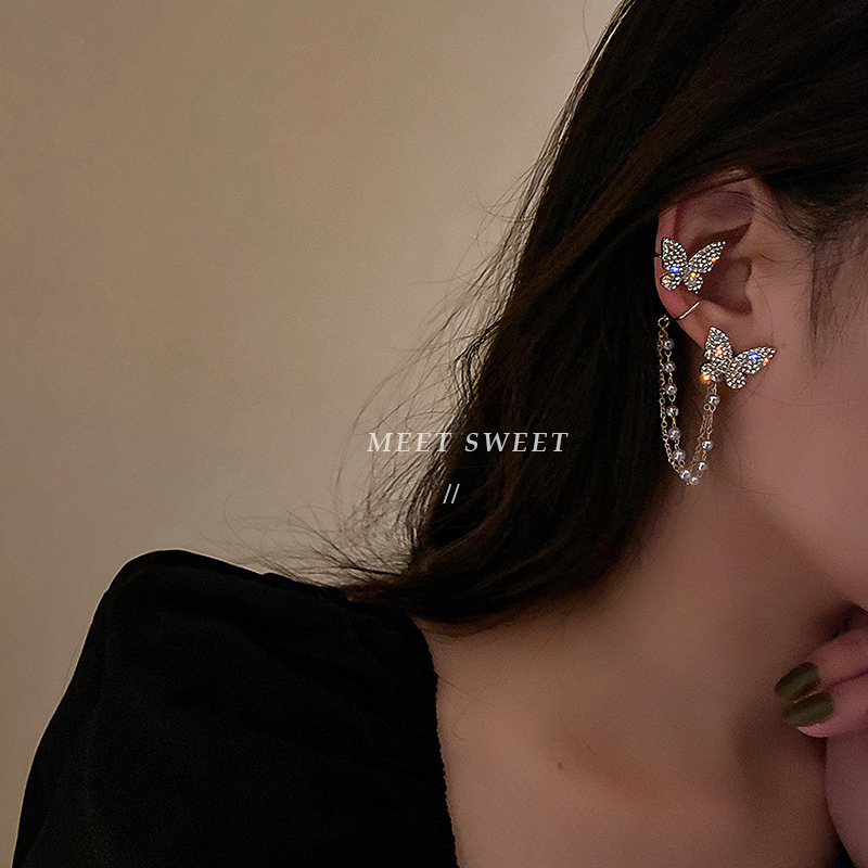 IFYOU Korean Personality Asymmetricear Ear Clips Simple Diamond Butterfly Pearl Tassel Earrings Fashion Jewelry Accessories