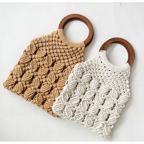 TAS ANYAMAN BAHAN MAKRAME PLUS GAGANG KAYU/TAS UNIK/TAS HAND MADE