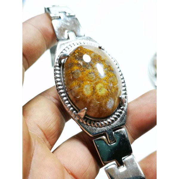 Gelang titanium batu akik motif teratai/sarang tawon