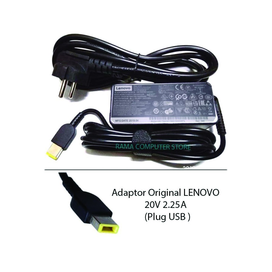 LENOVO20225UPSKP | ADAPTOR LENOVO 20V 2.25A DC (USB) PANJANG SLIM + KABEL POWER