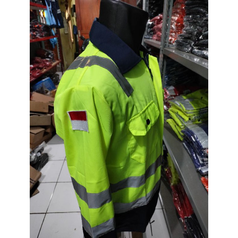 RESLETING BAJU SAFETY WEARPACK SERAGAM KERJA TAMBANG HIJAU STABILO DONGKER NAVY BERLOGO K3 BENDERA