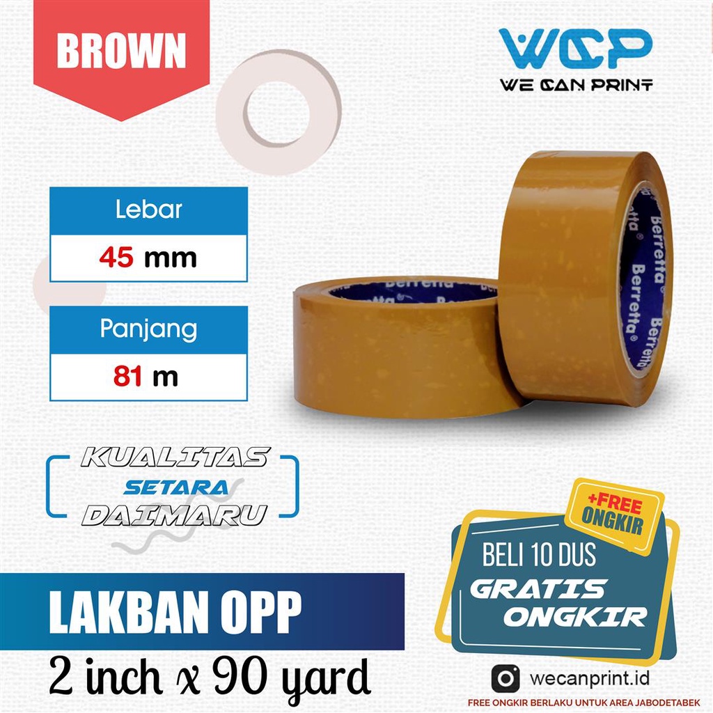 

Lakban Bening / Coklat BERRETTA Kualitas Daimaru 2 inch 45 mm x 90 Yard / 81 meter