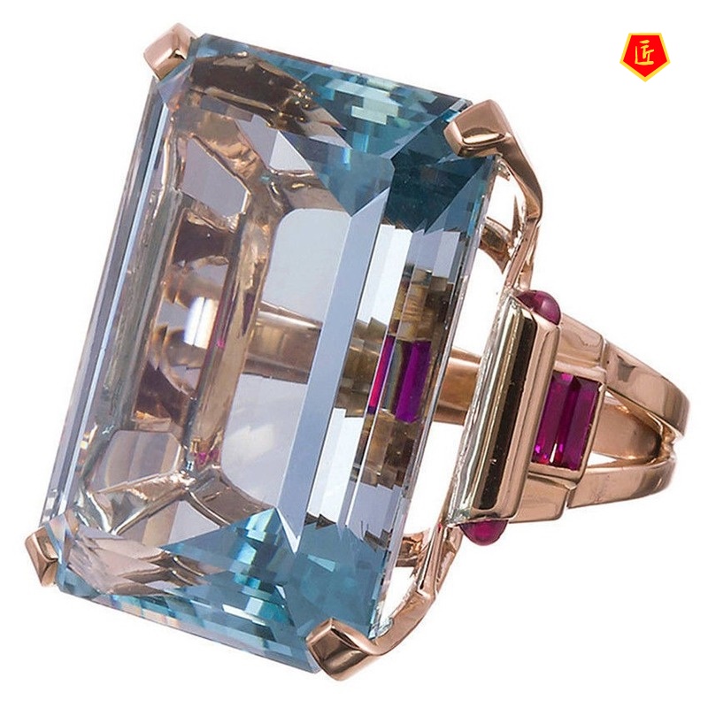 [Ready Stock]Inlaid Sea Blue Topaz Square Diamond Ring Rose Gold Elegant Fashion