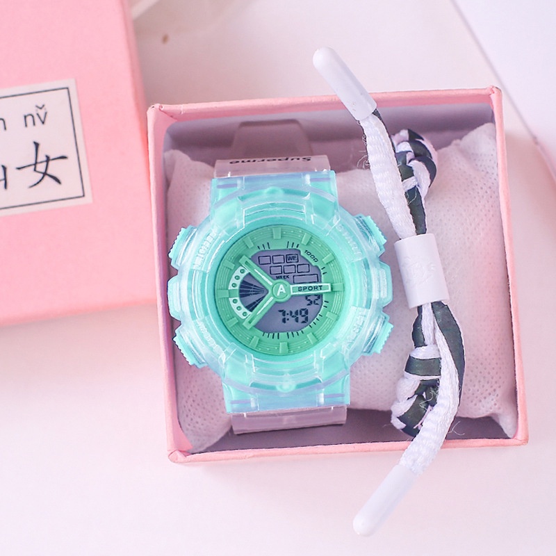Jam Tangan Digital Wanita Dan Pria Strap Rubber Transparan Gaya Korea / Jam Tangan Rubber Transparan-48-8 Hijau