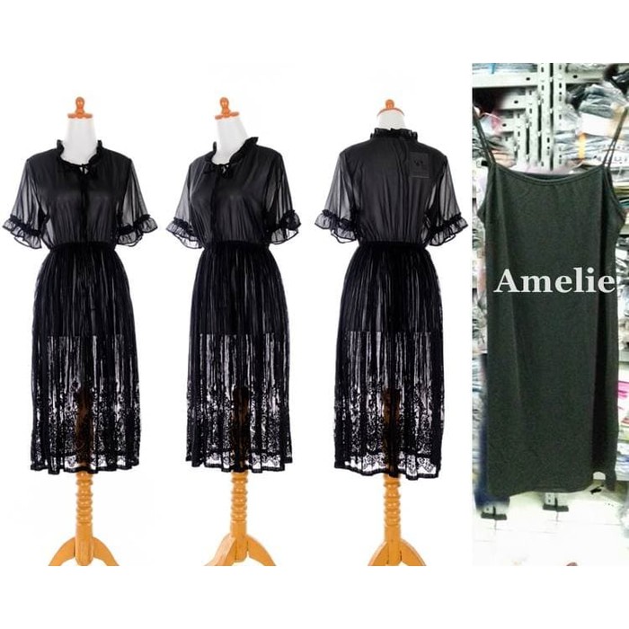 Midi Dress Gaun Pesta Brukat Lace Wanita Baju Korea Import Black Hitam Murah
