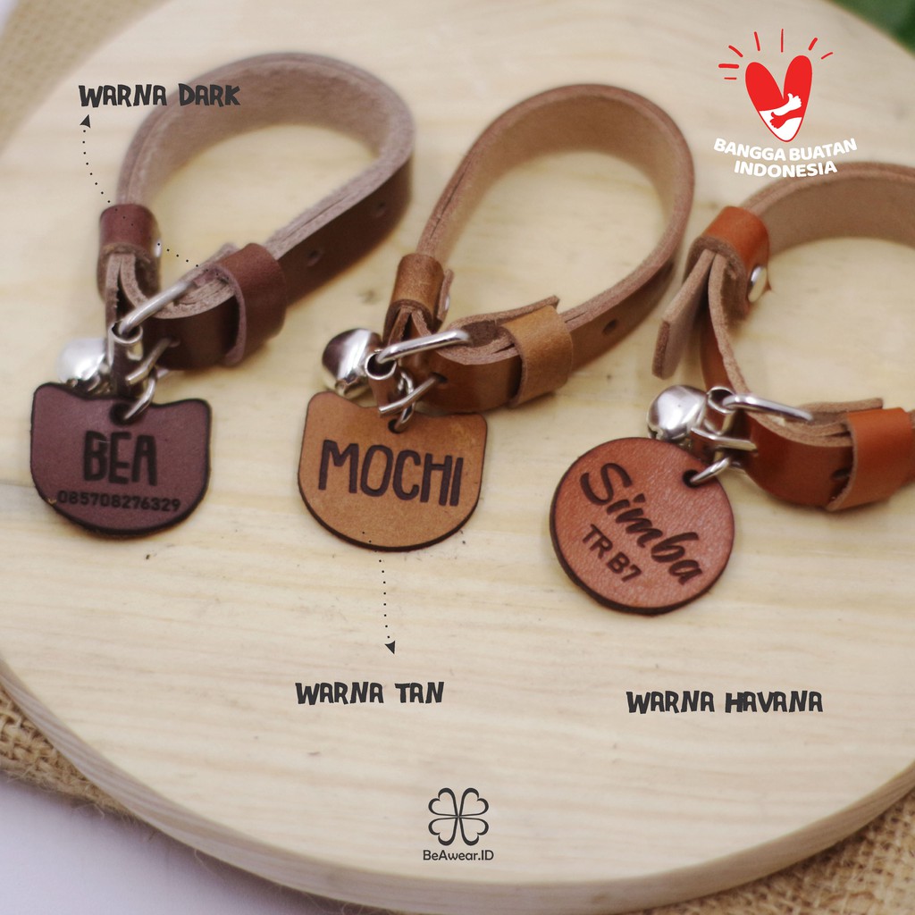 Kalung Kucing  Nama 100% Kulit Asli Free Custom dan Lonceng