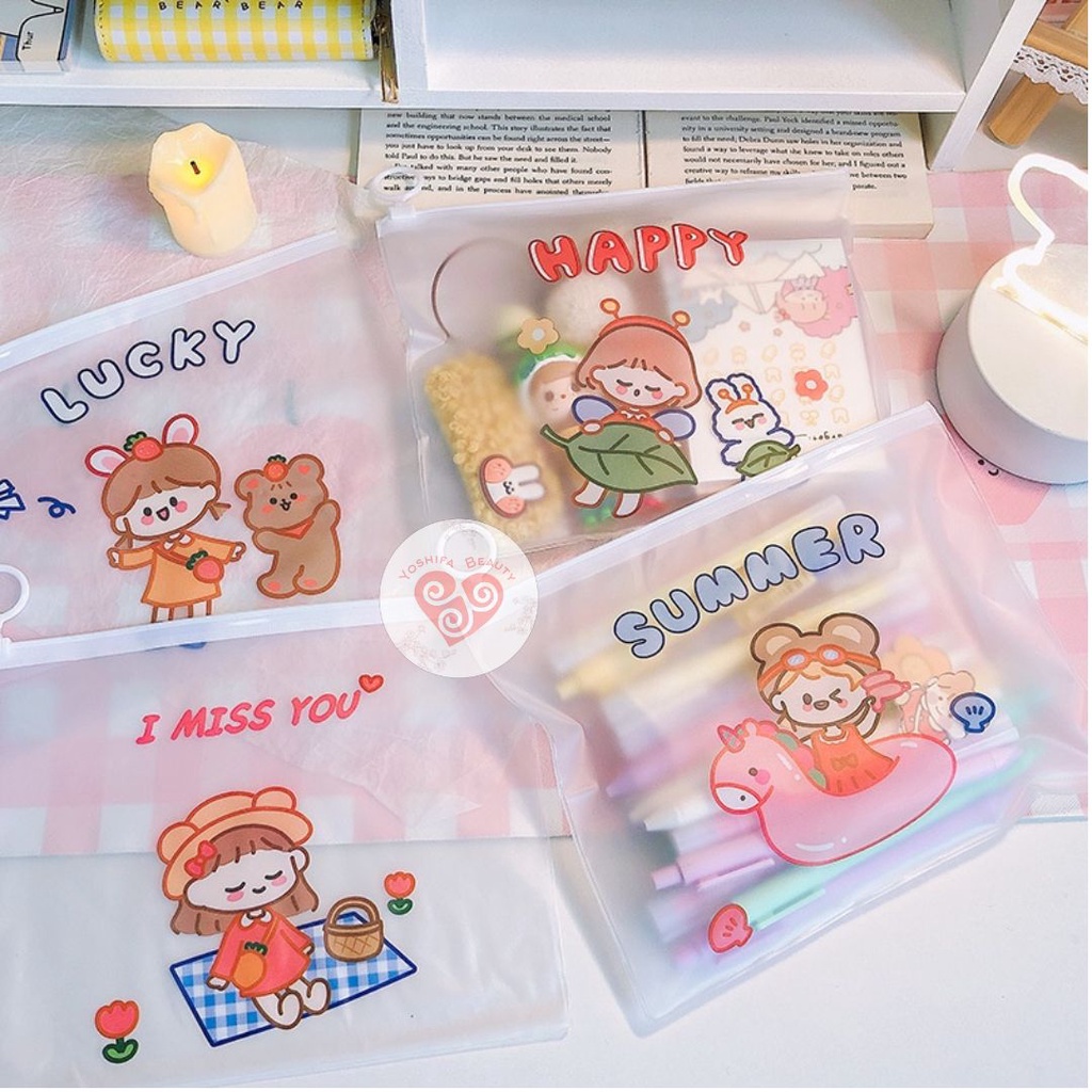 Pouch Ziplock Kosmetik Transparat Motif Kartun Korea Lucu Imut | Ziplock Tempat Pensil Ukuran Besar Dino Bunny Bear Little Girl Korean style