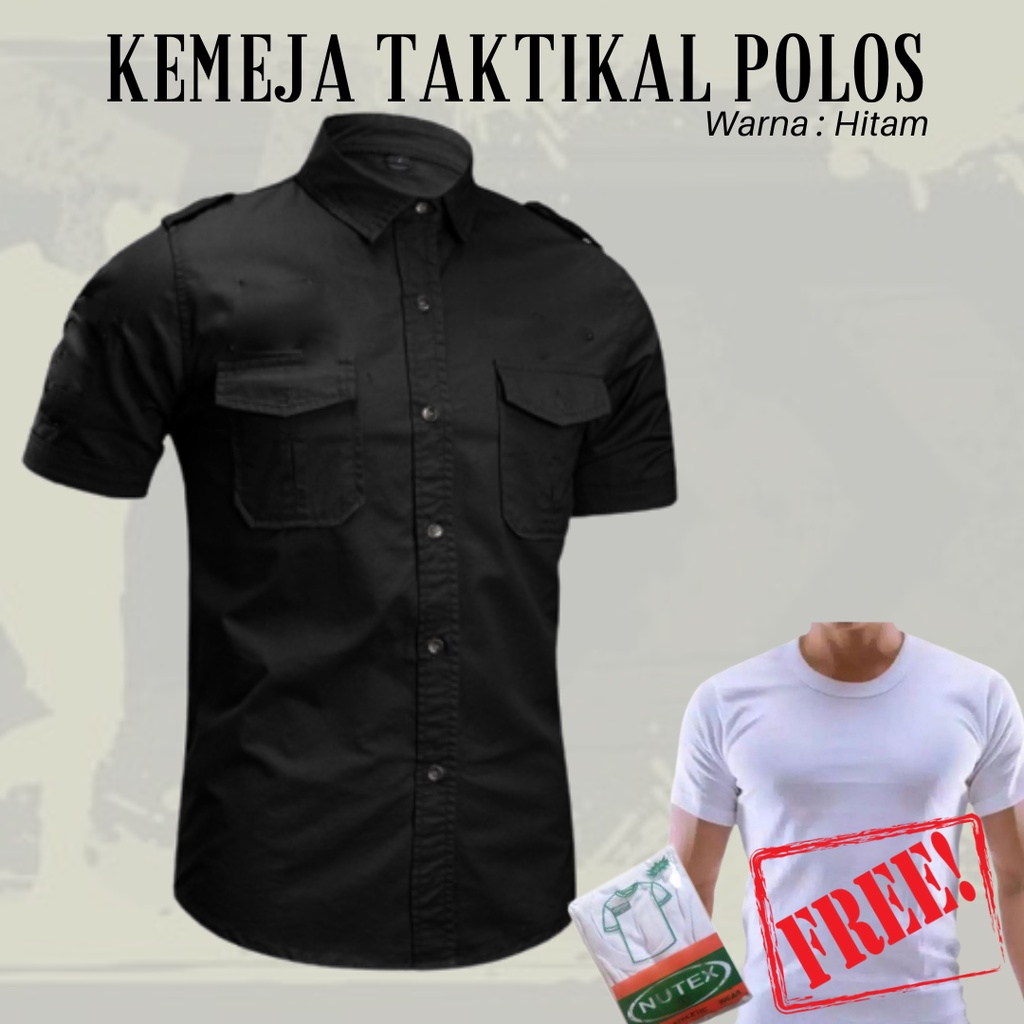 FREE Kaos Oblong - Kemeja PDH Hitam - Kemeja Taktikal Pria Lengan Pendek Putih Polos - Kemeja Outdoo