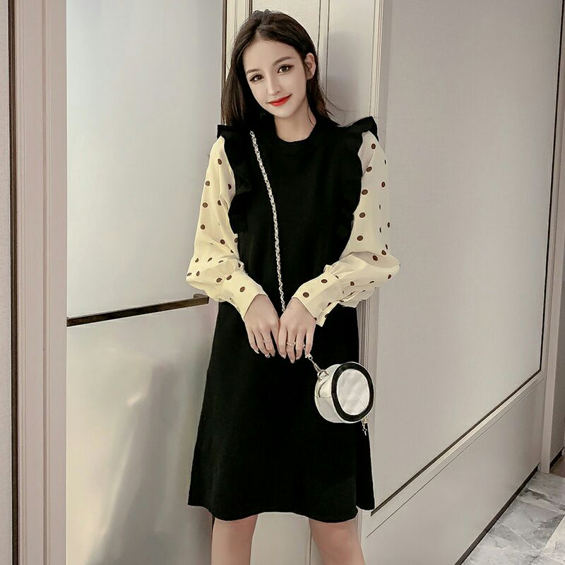 0478 Baju midi dress pendek polkadot knit wanita import baju dress pesta santai cewek korea import