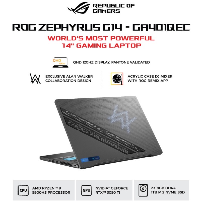 ASUS ROG ZEPHYRUS G14 GA401QEC-AW RYZEN 9-5900HS 16G 1TB SSD RTX3050Ti 4GB W10+OHS 14"QHD