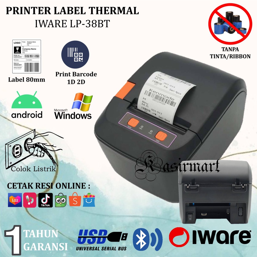 IWARE LP38BT Printer Label Barcode Bluetooth 80mm LP-38BT Print Label Thermal 3&quot; Cetak Resi Shopee/BAKERY/CHATIME