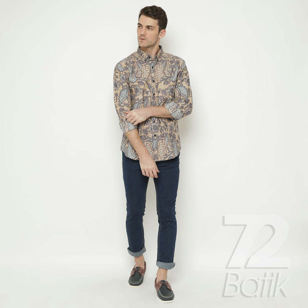 KEMEJA BATIK PRIA Lengan Panjang Premium Motif Burung Kembang Putih Tulang Cream Krem 723453 Cap 72 - Baju Kemeja Atasan Pakaian Setelan Batik Pria Cowok Laki Laki Remaja Keluarga Kantor Lengan Panjang Modern Slimfit Slim Fit Premium Kekinian