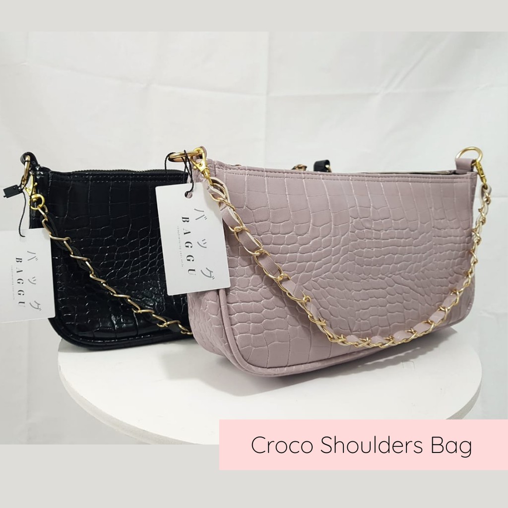 BAGGU.ID Croco Shoulders Bag 2 in 1 / Tas Kulit Croco Kecil Korea / Sling Bag Croco / Tas Slempang