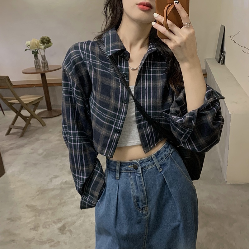Crop Top Kemeja Kotak-kotak Lengan Panjang Wanita Blouse Korean Style Shirt Baju Atasan Import Casual