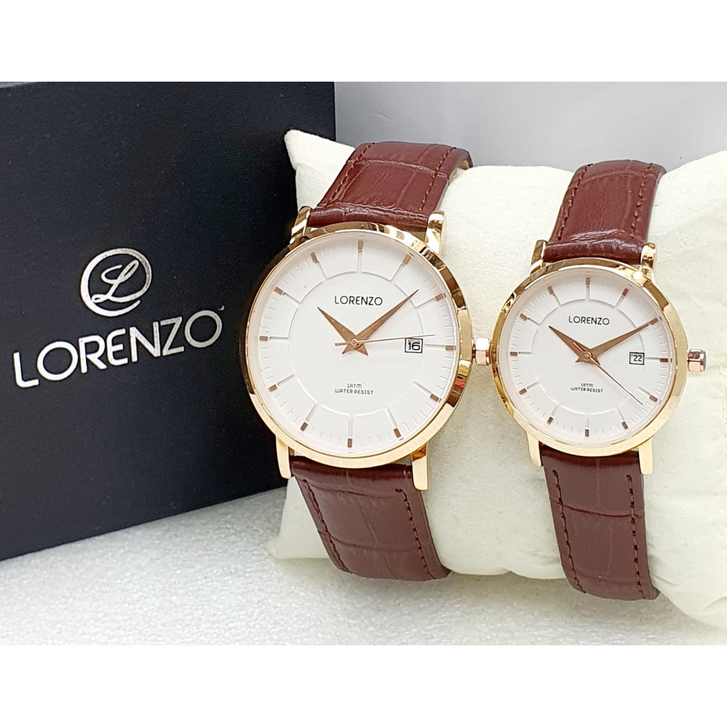 Jam Tangan Couple Original Lorenzo 1027 Analog Fashion Pria Wanita Pasangan Strap Kulit
