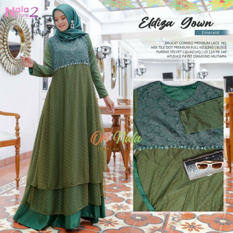 GAMIS ELDIZA GOWN ORI NALA / MOM LD 110CM PJ 140CM/KIDS LD 94CM PJ 118CM/BROKAT MIX ROBERTO CAVALLI