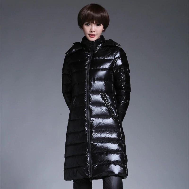 ladies long puffer coat with hood