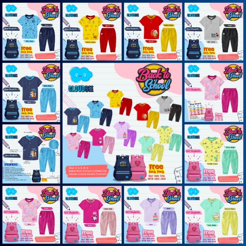 TZYN. Shop | Set Kaos Anak-anak Free Back pack/Tas sekolah By Cloud Bee