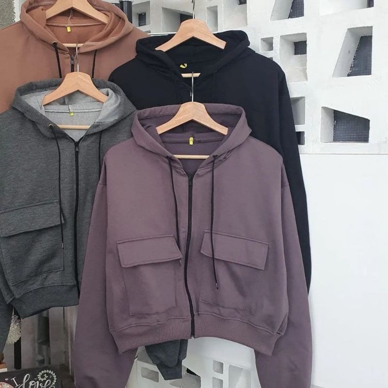 Jaket Crop Wanita ZARRA Hoodie Oversize Crop | Korean style crop jaket Pocket zipper