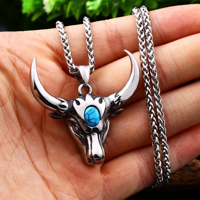 Kalung Liontin Kepala Banteng Gaya Retro Punk Nordic Klasik Untuk Pria