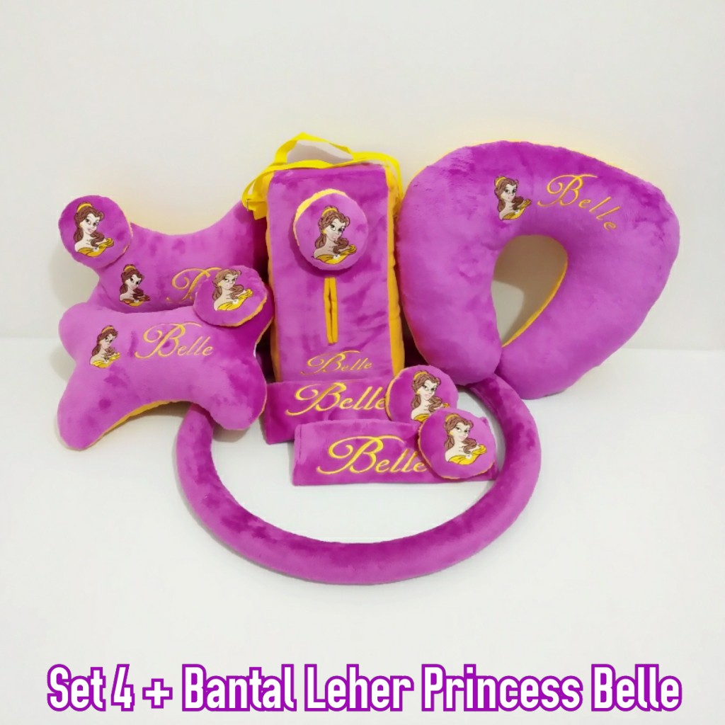 Bantal Mobil Set 3 Bordir & Bantal Leher Princess Belle Cover setir Ungu