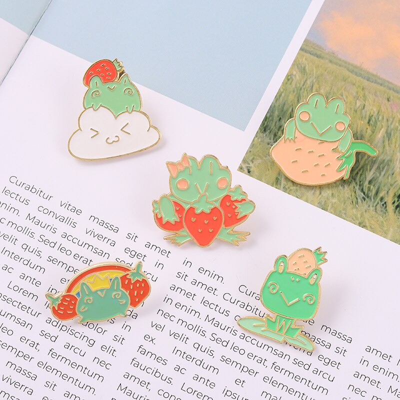 Quack Enamel Pin Frog Strawberry Lotus Leaf Brooches Bag Lapel Pin Cartoon Animal Badge Jewelry Gift for Kids Friends